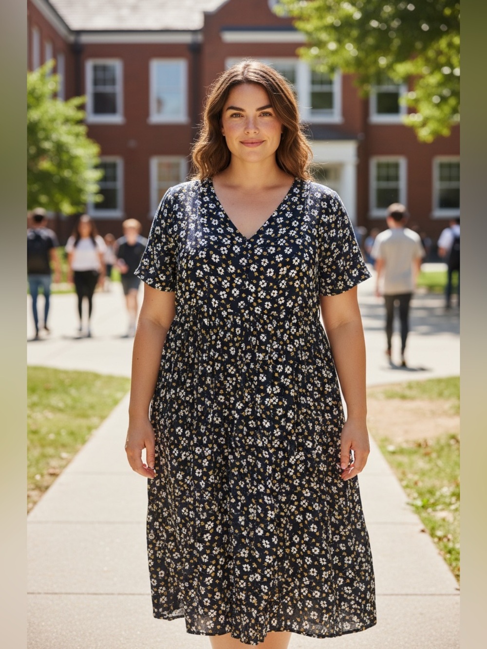 Vintage Floral V-Neck Midi Dress in Navy and White with yellow daisys size 3x